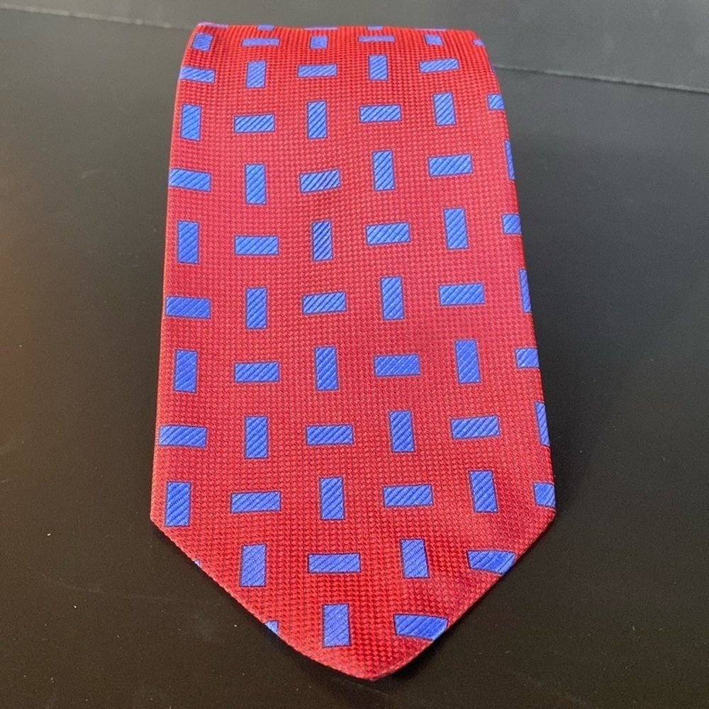 Innocenti Italy x Tom James Silk Brocade Hand Made Tie Geometric OAP Red Blue